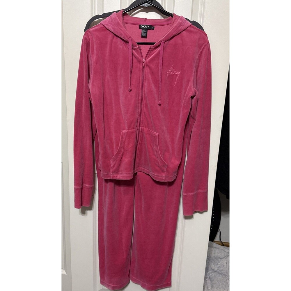 DKNY Donna Karan Y2K Pink Velour Zip Hoodie Jacket & Sweats Sz L Tracksuit